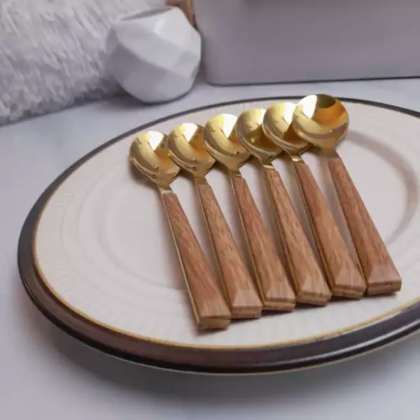 Cucharita para postre dorada con mango textura de madera x6 - Image 3