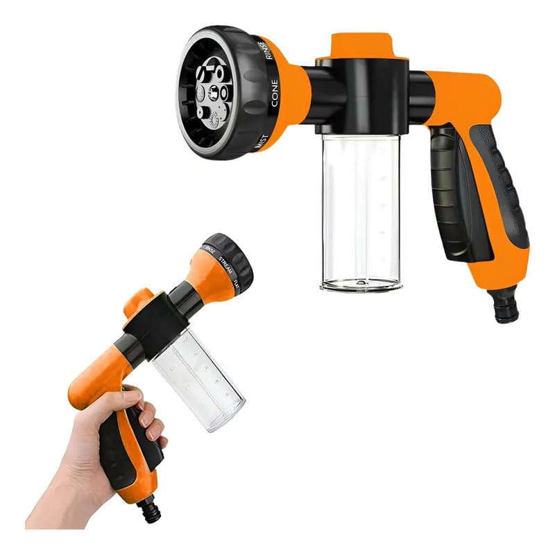 Pistola de riego para manguera 8 modos con botella de jabón